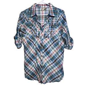 BKE Plaid Shirt Womens Size Large Multicolor Sequins Ruffle Roll Tab Sleeve Boho